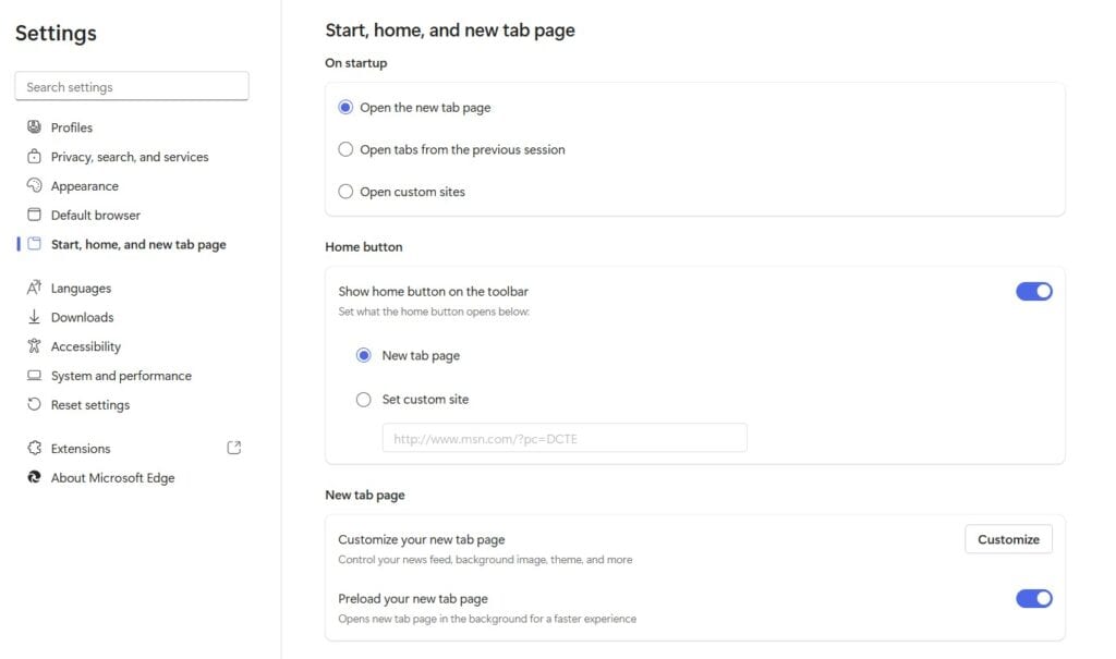 Опция «Открыть эти страницы» и добавление страницы в Edge