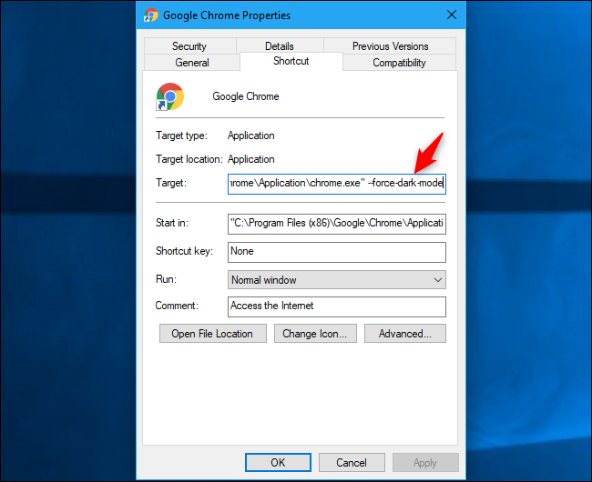 Скриншот: пример добавления --force-dark-mode в свойства ярлыка Chrome