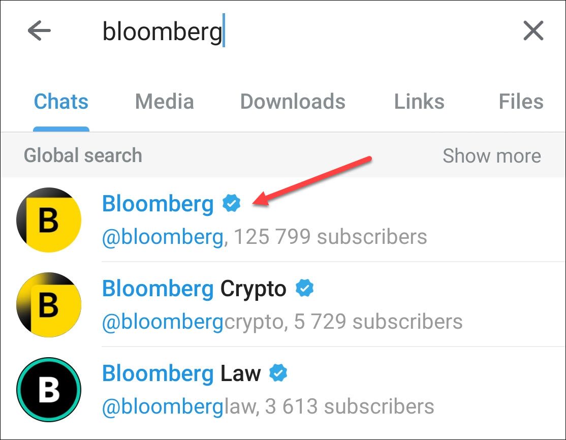 Результаты поиска канала в приложении Telegram на Android