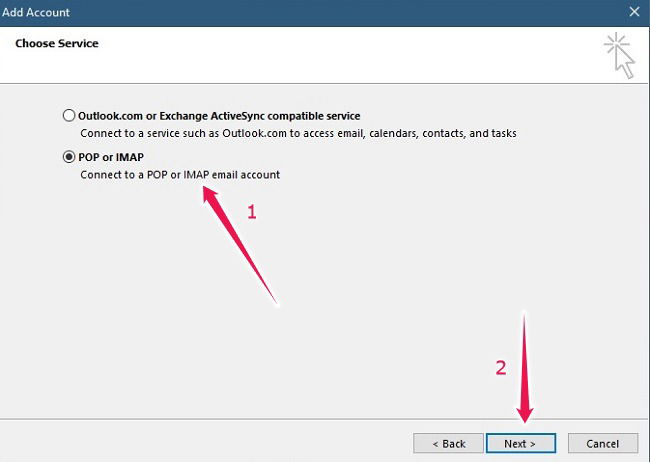 Выбор POP или IMAP в настройках Outlook 2016