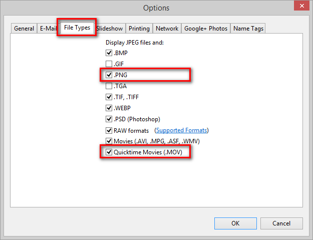 Настройки типов файлов в Picasa: включение PNG и QuickTime MOV