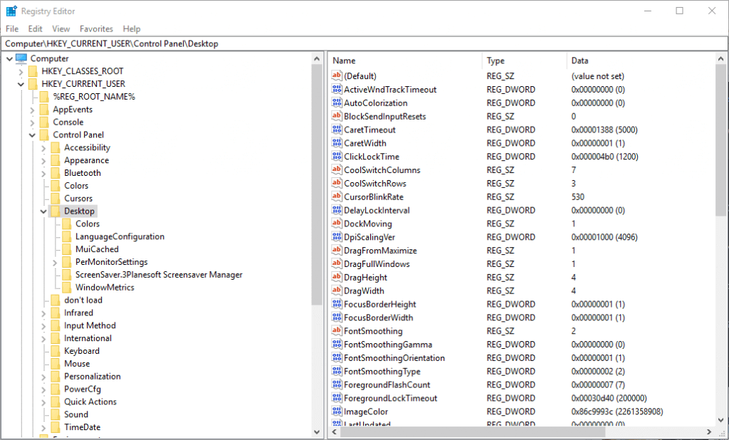 Редактор реестра: папка Desktop в HKEY_CURRENT_USER