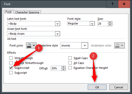 Окно шрифта: выбрать надстрочный формат