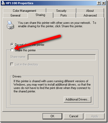 Вкладка 'Общий доступ' свойств принтера в Windows — включение шаринга