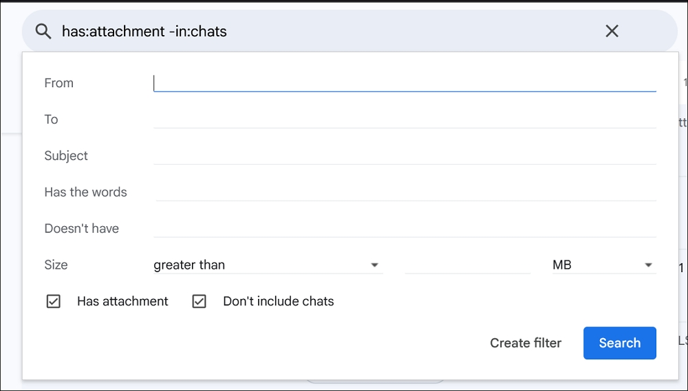 варианты поиска в Gmail