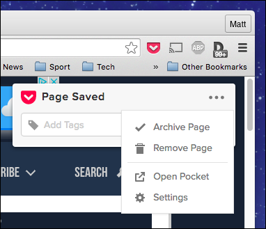Меню расширения Pocket с опциями архива, открытия и настроек