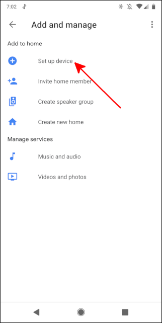 Меню Настроить устройство в приложении Google Home