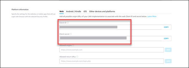 Страница с Client ID и Client Secret в Alexa Developer Console