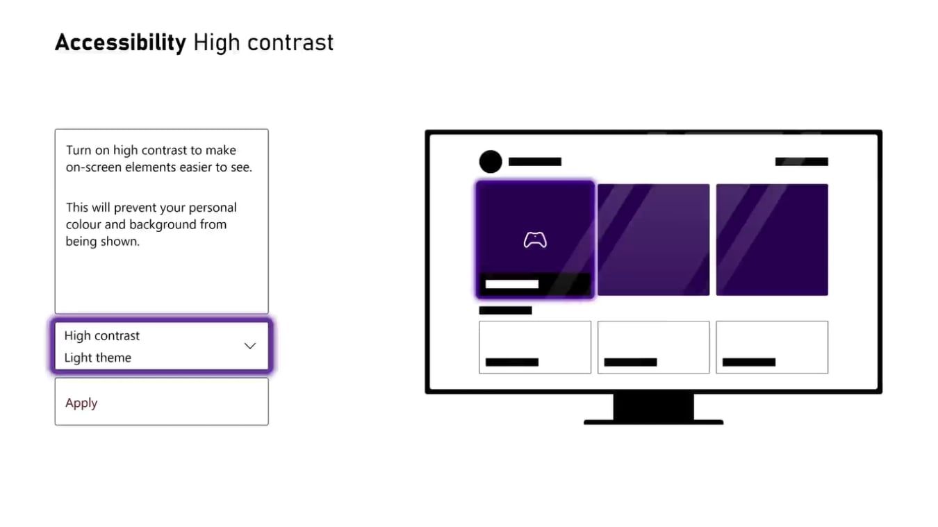 Экран Xbox Series X с включённым светлым режимом высокого контраста