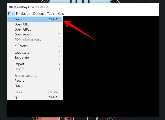 Меню «Файл -> Открыть» для загрузки ROM