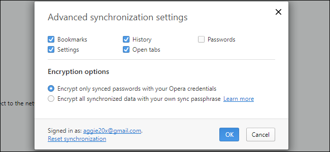 Экран выбора синхронизации паролей или всех данных в Opera