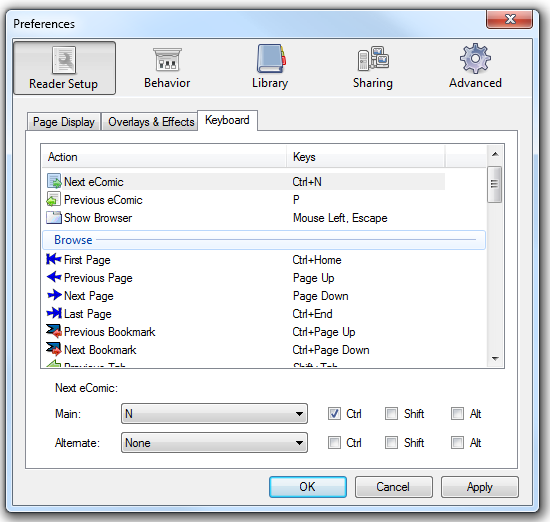 Список горячих клавиш в ComicRack