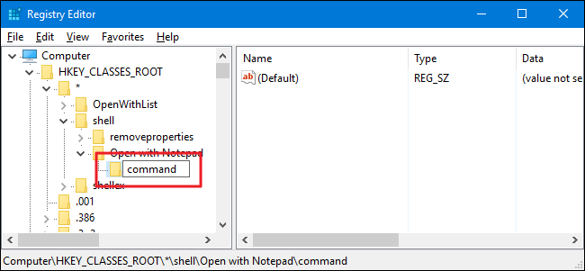Создание ключа command внутри Open with Notepad