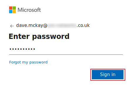 Entering the OneDrive account password in the password screen