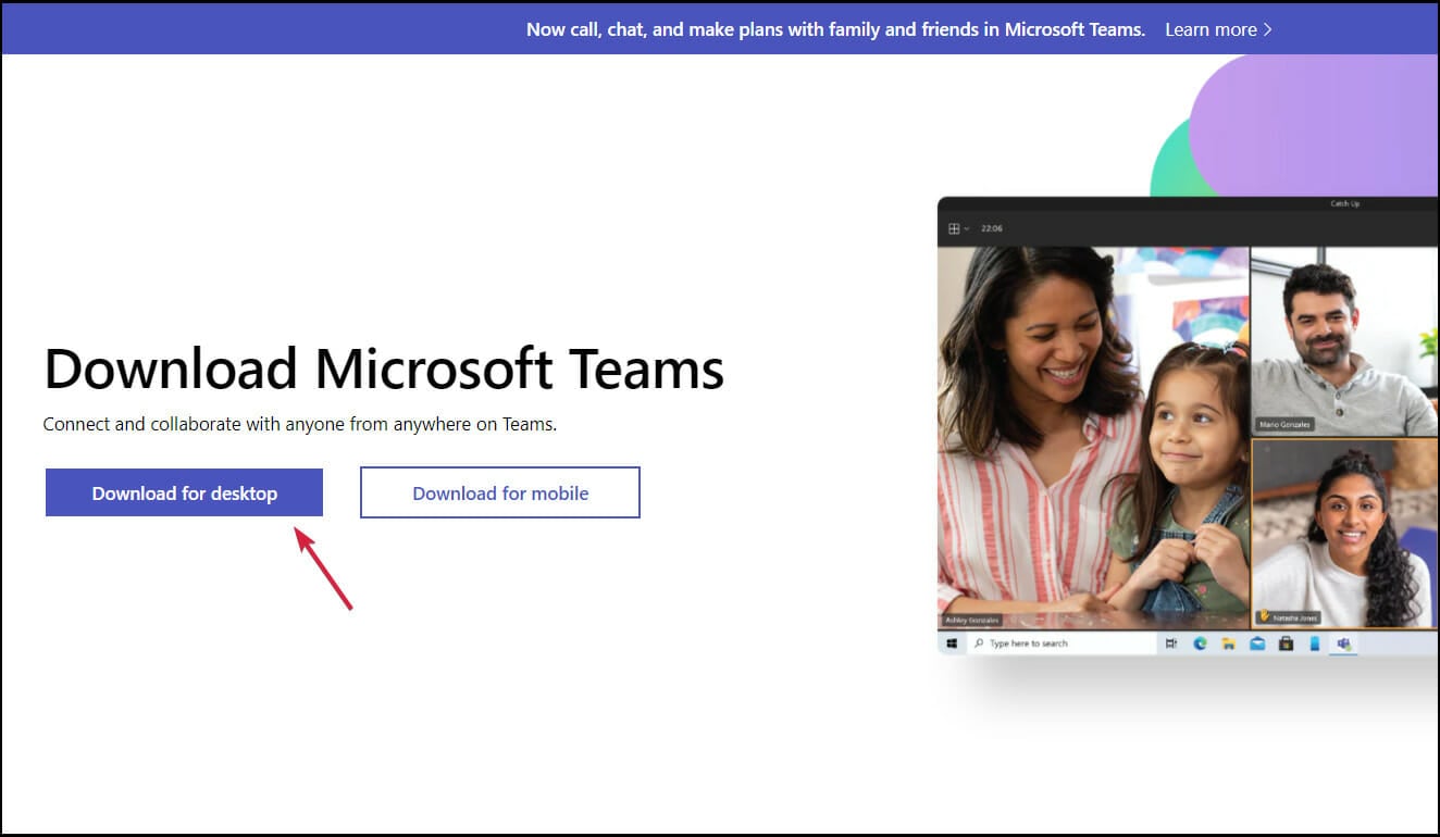 Кнопка Download for desktop на странице Teams