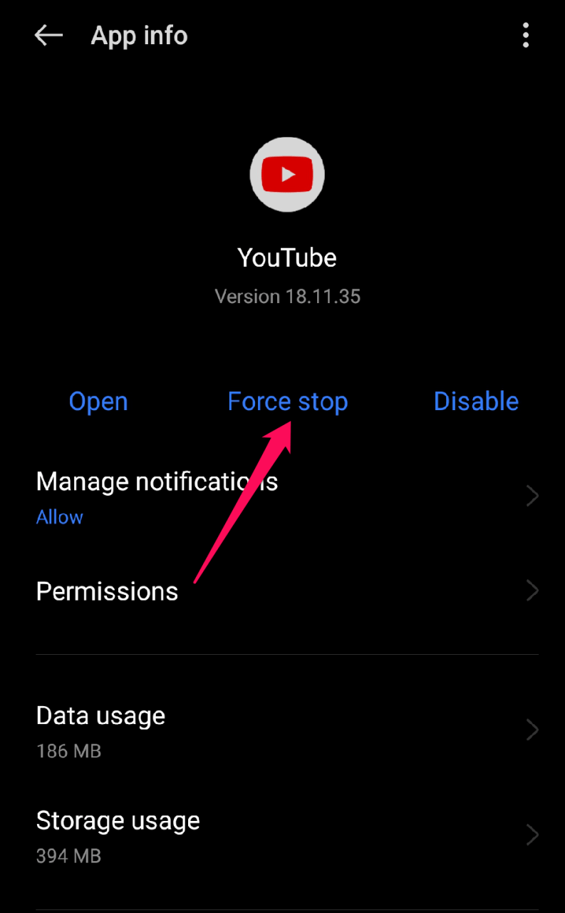 Кнопка «Принудительно остановить» для приложения YouTube