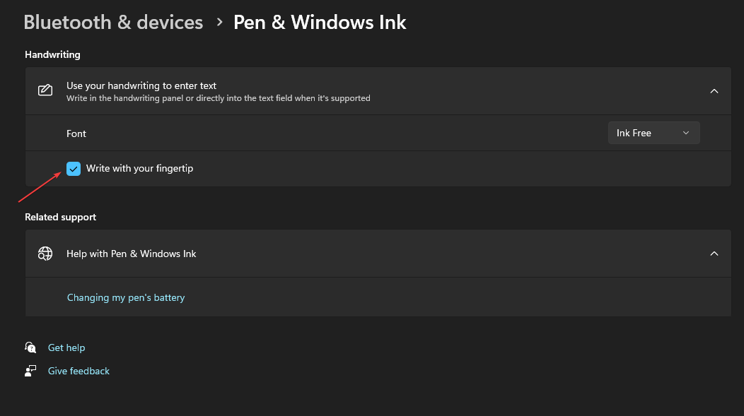 Включение писания пальцем в Windows 11