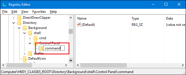Создание ключа command внутри Control Panel