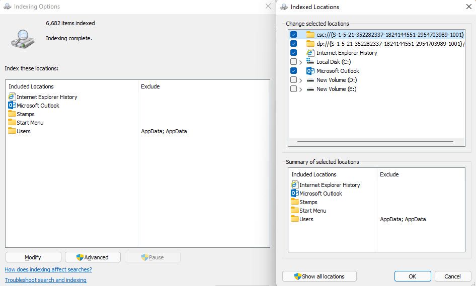 changing indexing options in Windows