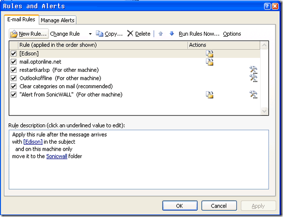 Список существующих правил Outlook