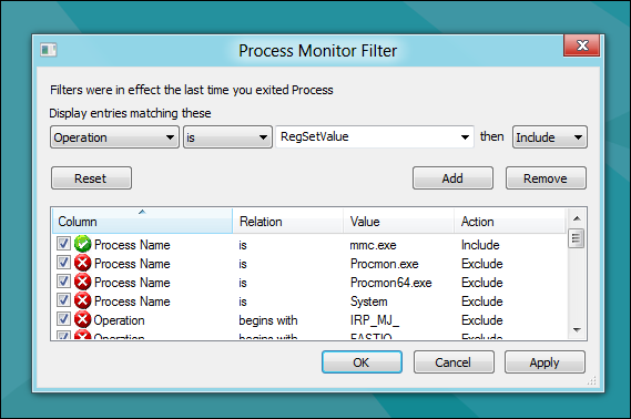 Добавление фильтра по операции RegSetValue