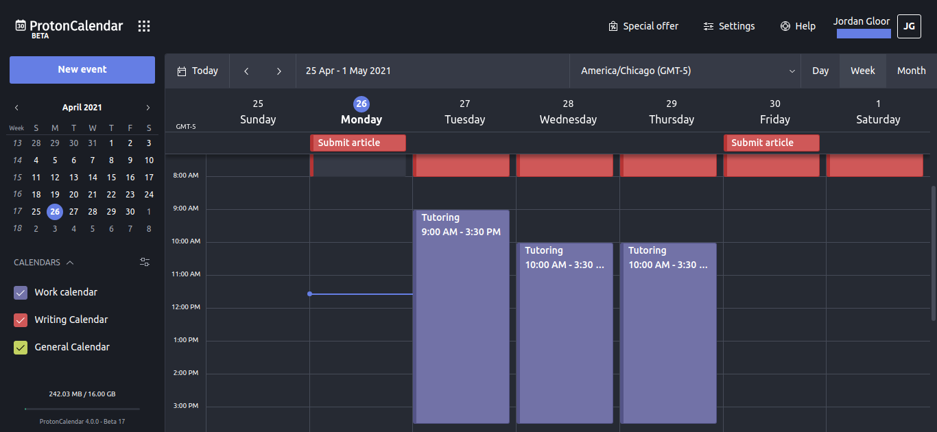 Веб-интерфейс ProtonCalendar, недельный вид