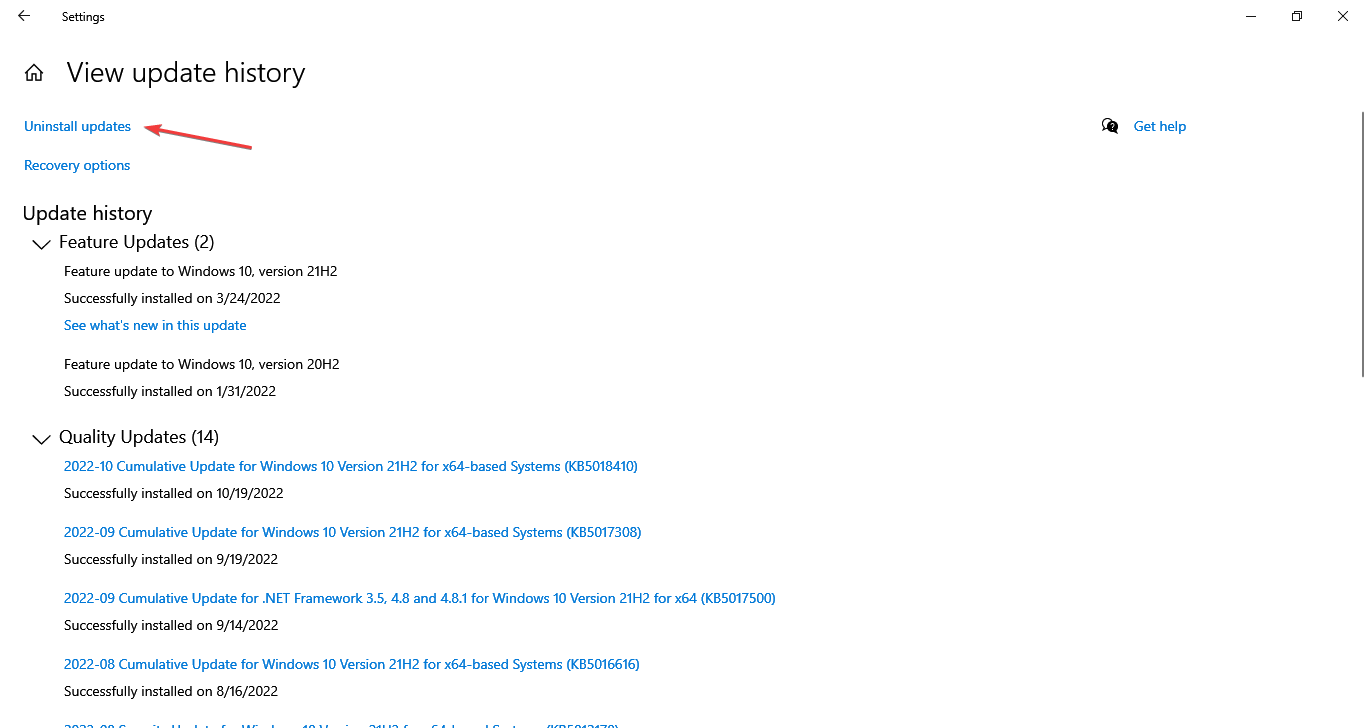 Опция удаления обновлений Windows