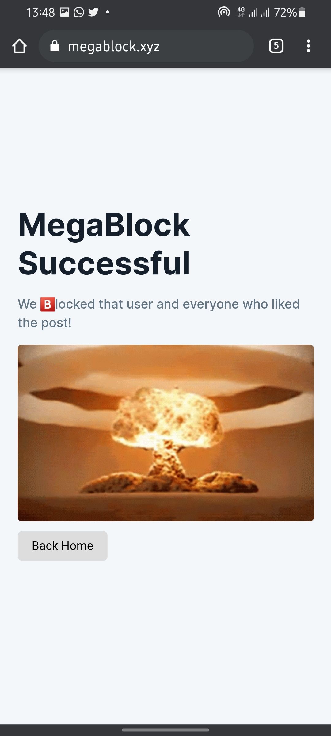 Сообщение о успешной блокировке в Megablock