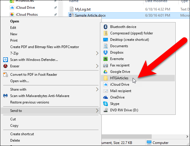 Папка из Dropbox добавлена в SendTo