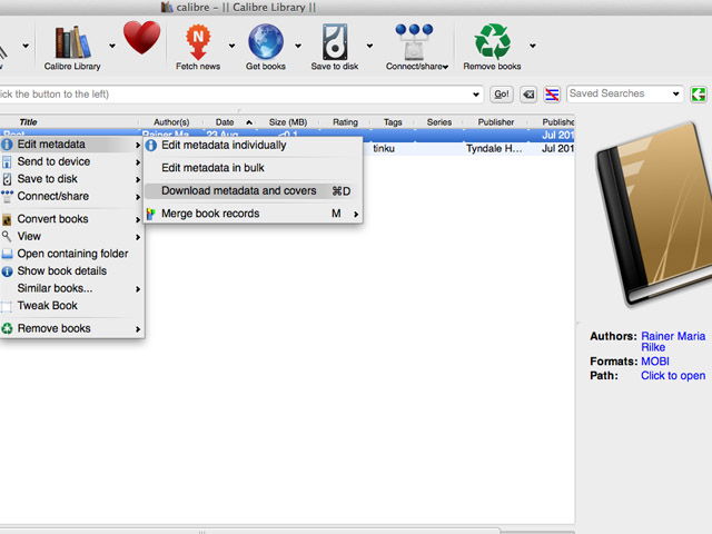 Меню скачивания метаданных и обложек в Calibre