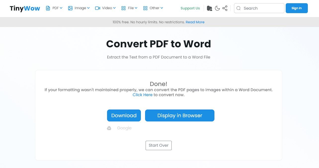 TinyWow: перетаскивание файла для конвертации PDF в Word
