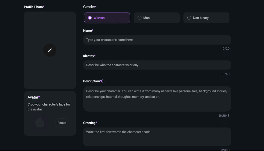 Экран Flipped Chat: пример настройки памяти и тона персонажа
