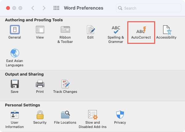 Опции автозамены в Word на Mac