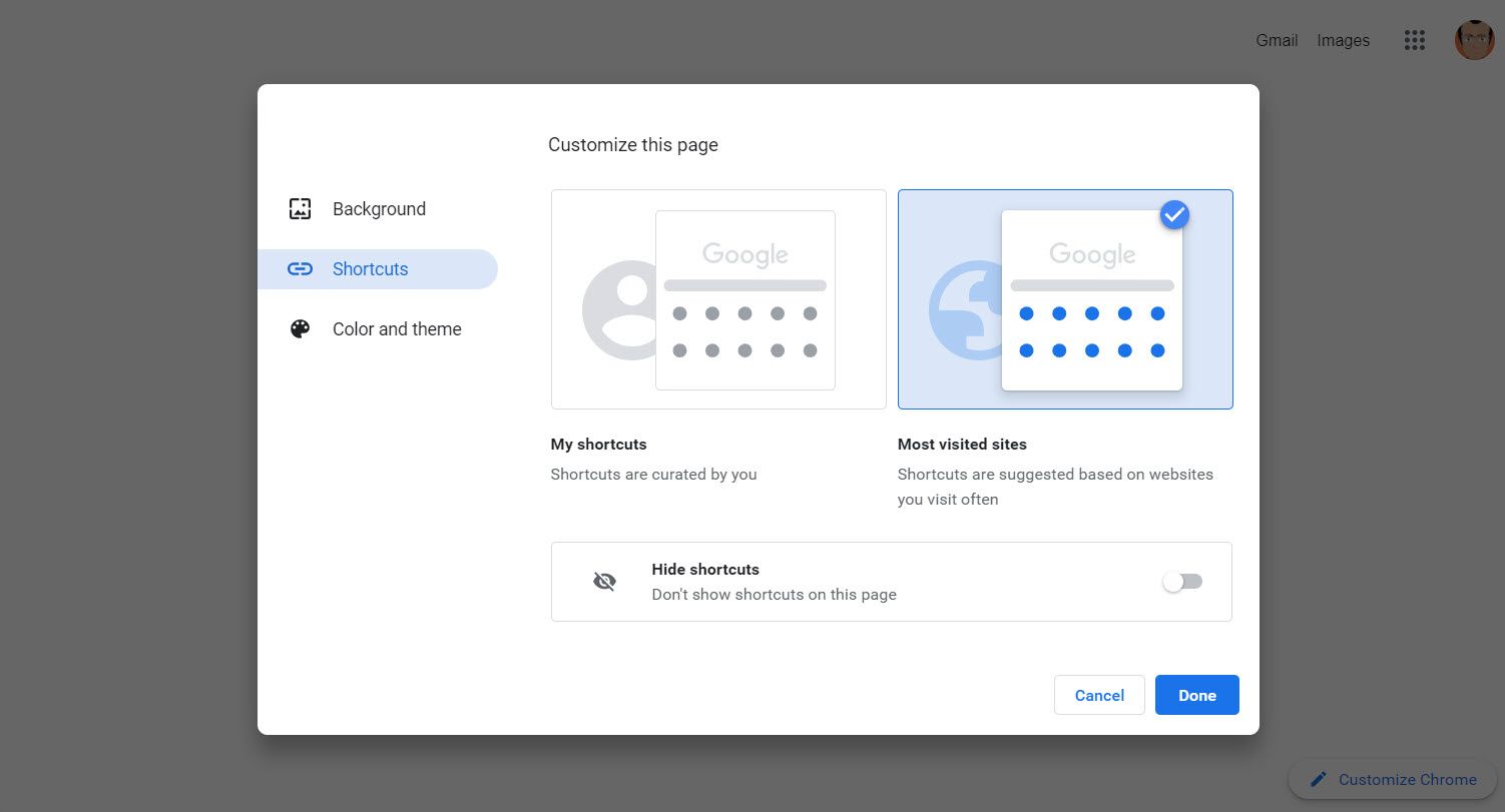 Меню настройки внешнего вида новой вкладки в Chrome