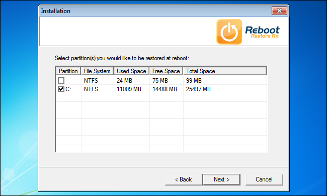 Окно Reboot Restore Rx — выбор разделов для восстановления