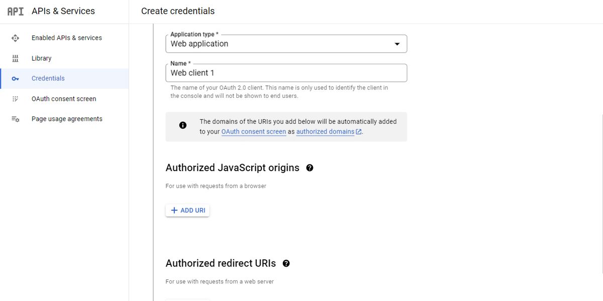 Параметры приложения для создания учётных данных Gmail API.