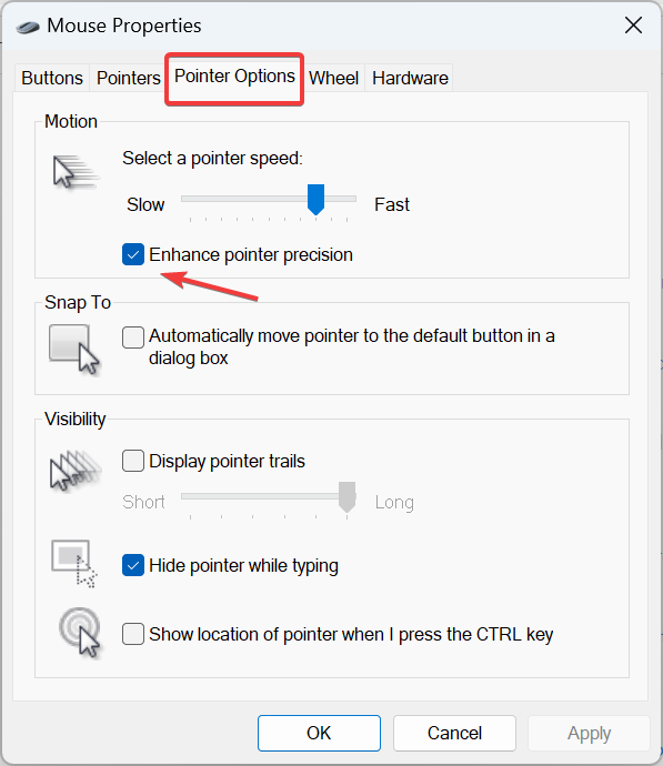 вкладка параметры указателя в панели управления