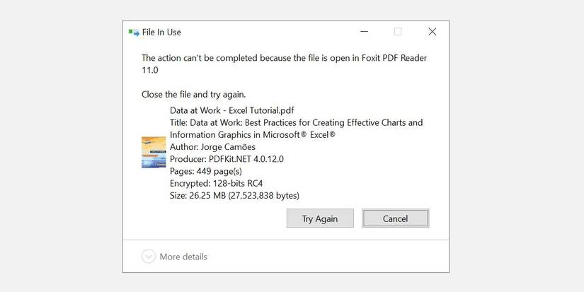 Сообщение Windows о файле, используемом при попытке удалить открытый PDF