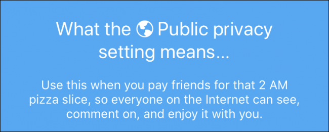 Экран с объяснением Venmo о публичности транзакций