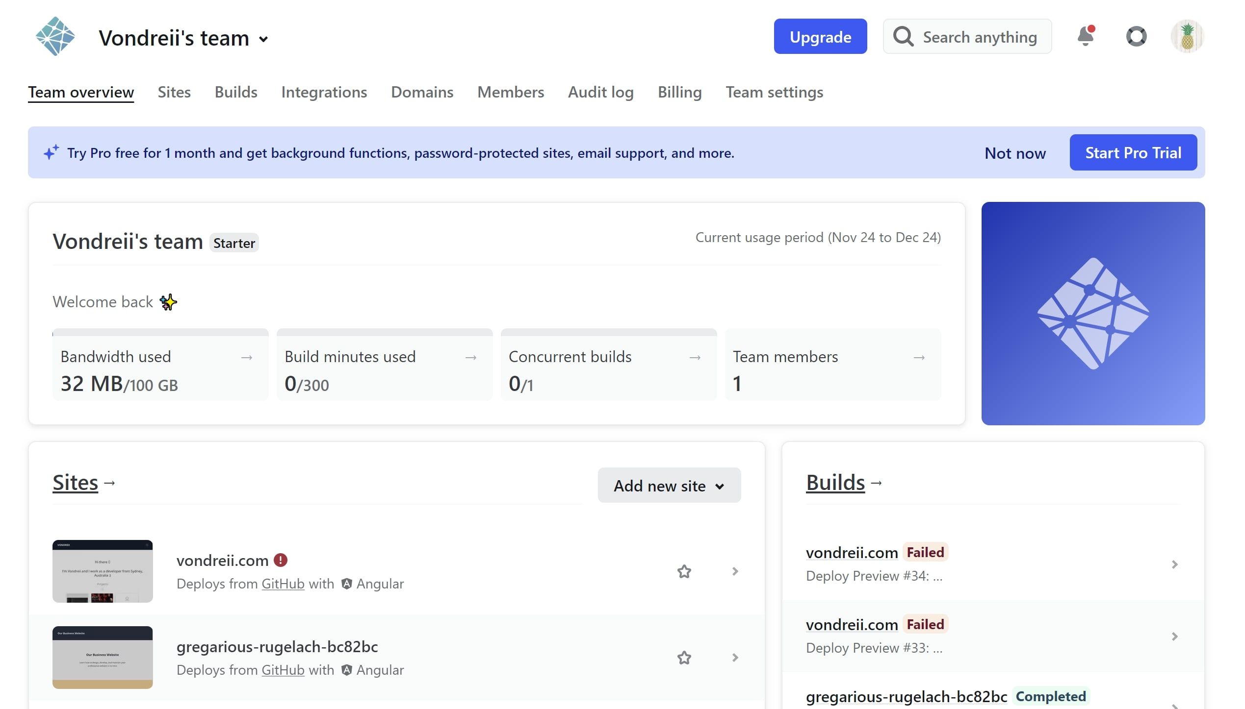 Обновлённый список сайтов на дашборде Netlify