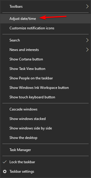 Меню настройки даты и времени Windows