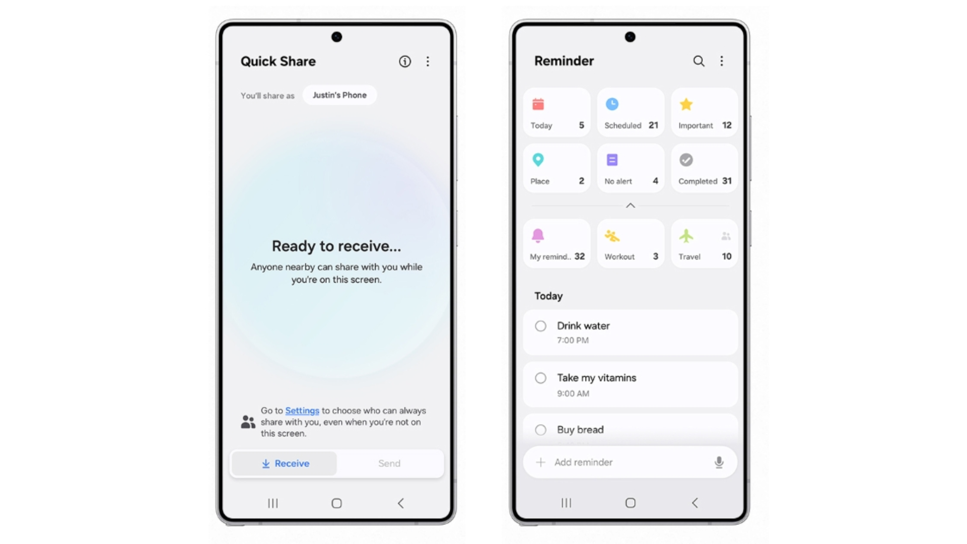 Screenshot of the Quick Share and the Reminder app on One UI 8.