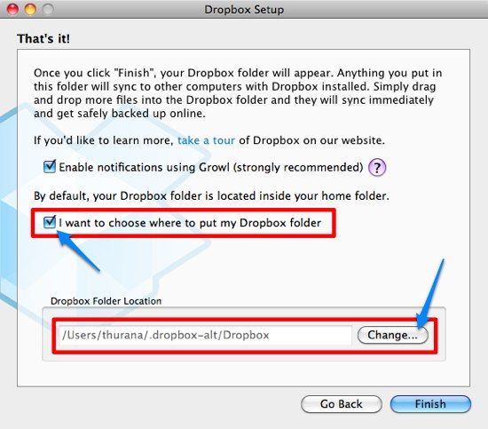Выбор расположения папки Dropbox при настройке