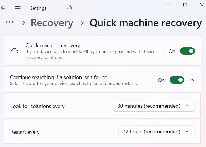 Настройки Quick Machine Recovery в Windows с проверками каждые 72 часа