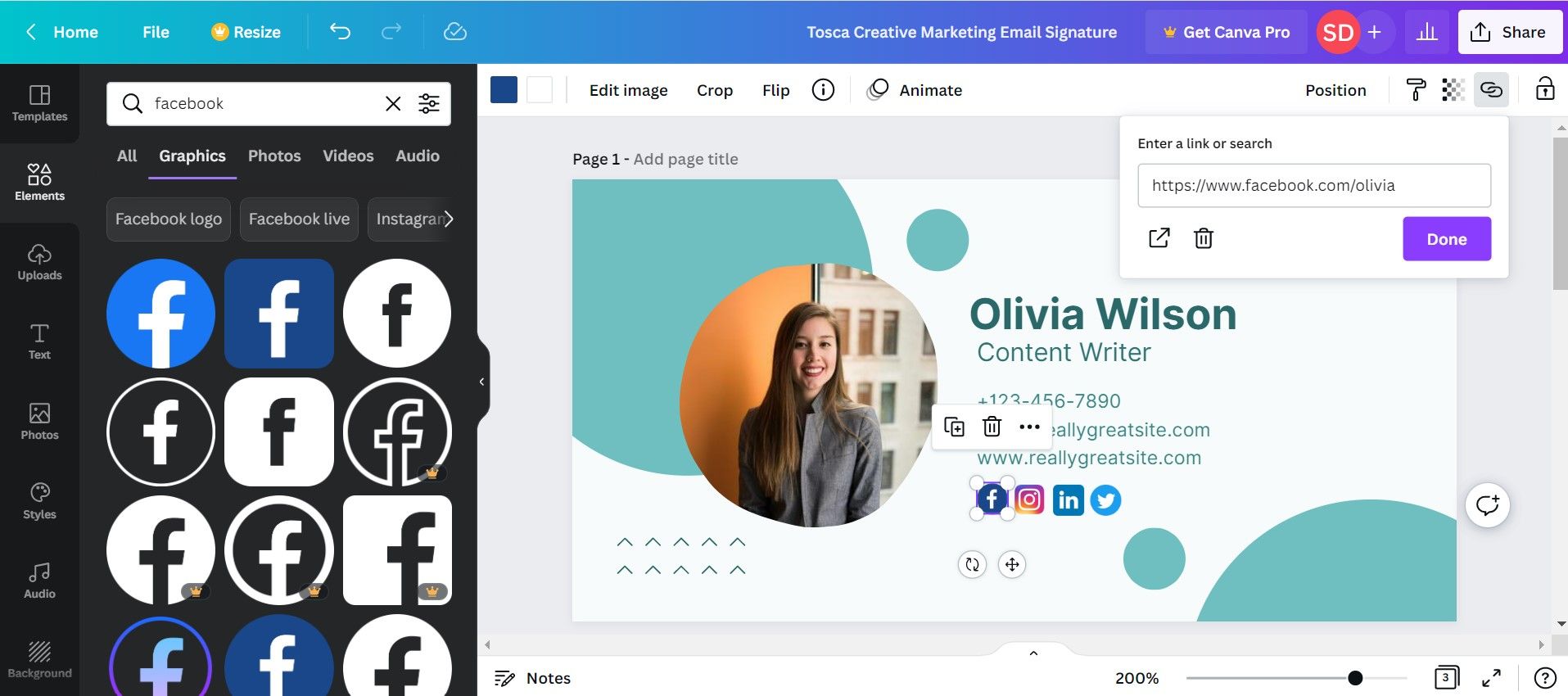 Добавление иконок социальных сетей в подпись Canva