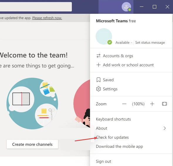 Проверка обновлений Teams в меню