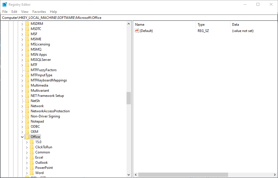Редактор реестра Windows, открытый на ветке Identity для Microsoft Office