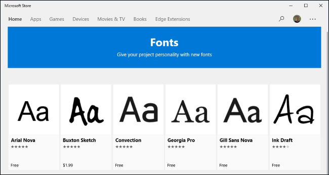 Примеры шрифтов в Microsoft Store с кнопкой «Получить».