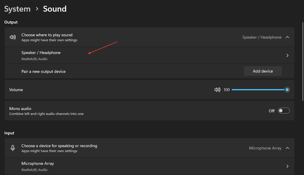 Свойства аудиоустройства в Параметрах