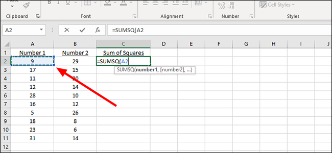 Выбор ячейки A2 мышью